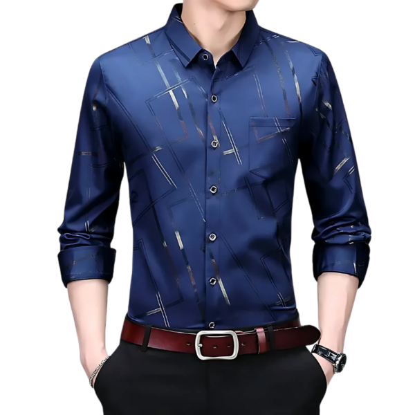 Camisa social masculina estampada, sem engomar e resistente a rugas.