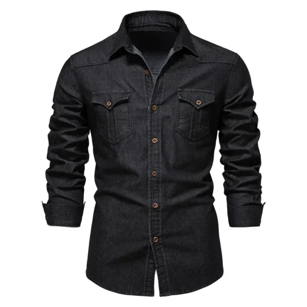 Camisa Denim De Algodão Elástico de Manga Longa, Estilo Cowboy Slim Fit. - Imagem 8