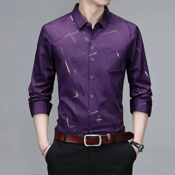 Camisa social masculina estampada, sem engomar e resistente a rugas. - Imagem 3