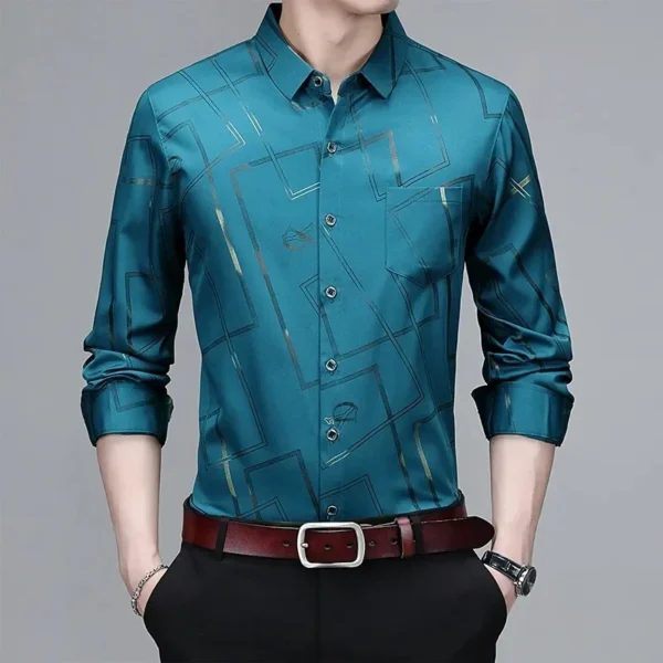 Camisa social masculina estampada, sem engomar e resistente a rugas. - Imagem 2