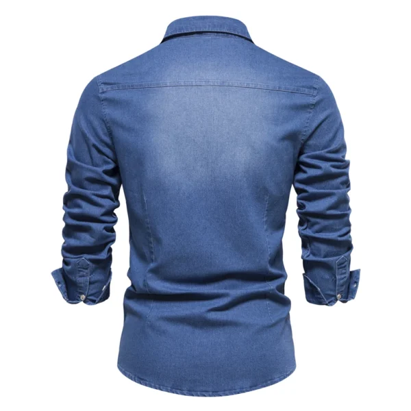 Camisa Denim De Algodão Elástico de Manga Longa, Estilo Cowboy Slim Fit. - Imagem 6