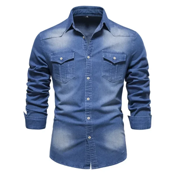 Camisa Denim De Algodão Elástico de Manga Longa, Estilo Cowboy Slim Fit.