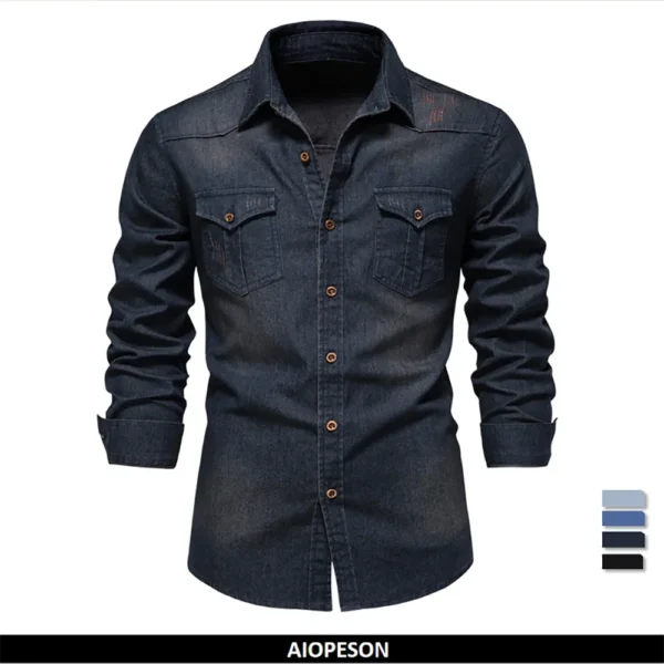 Camisa Denim De Algodão Elástico de Manga Longa, Estilo Cowboy Slim Fit. - Imagem 2