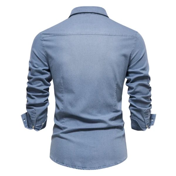 Camisa Denim De Algodão Elástico de Manga Longa, Estilo Cowboy Slim Fit. - Imagem 9