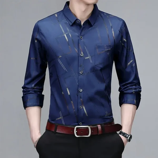 Camisa social masculina estampada, sem engomar e resistente a rugas. - Imagem 5
